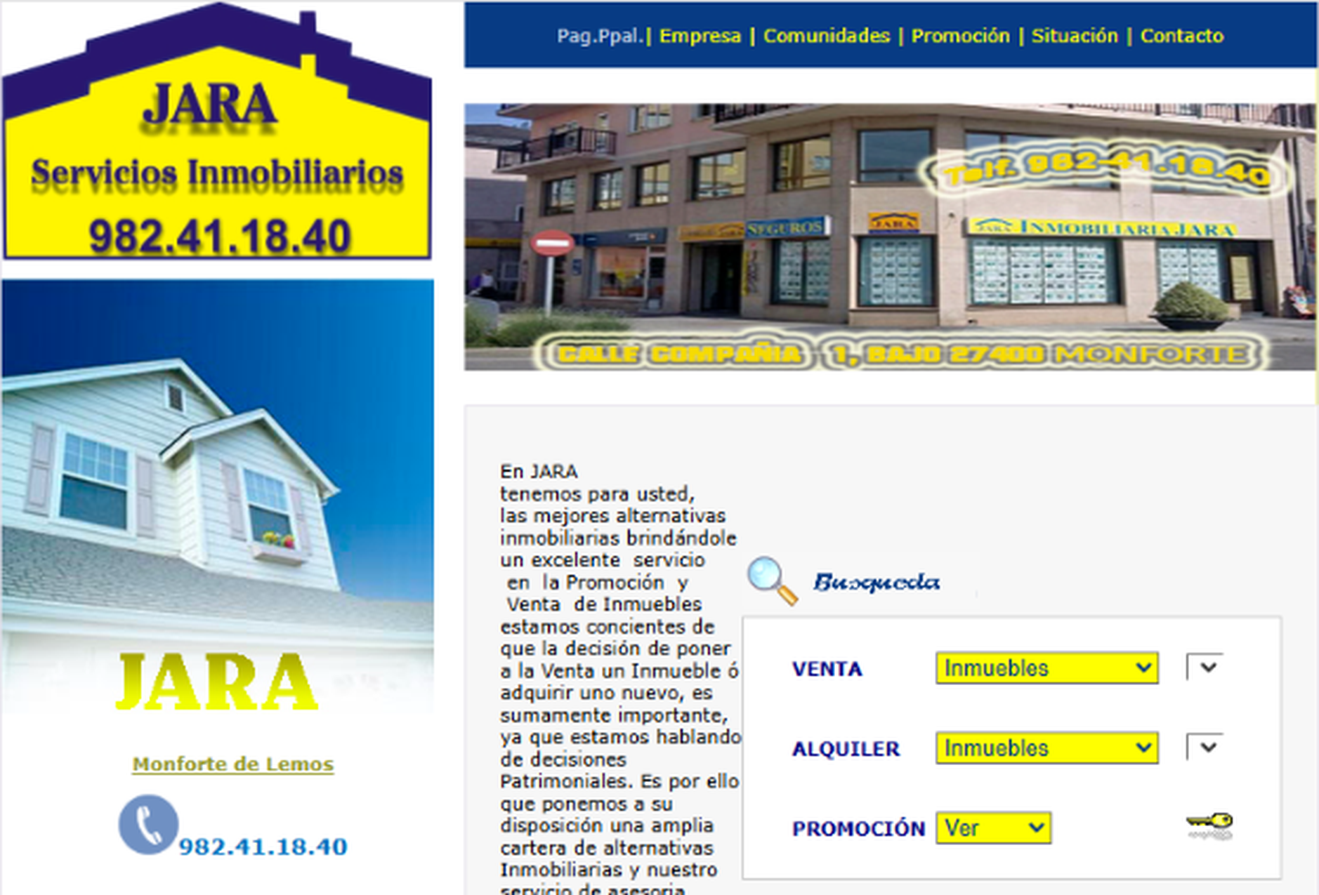 Captura real de la web anterior de Inmobiliaria JARA, con el logotipo amarillo y azul, fotografía de la oficina y el antiguo buscador