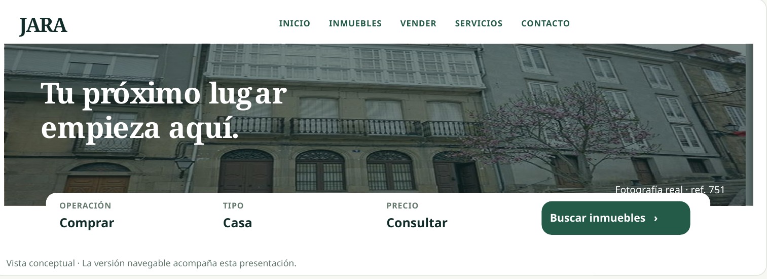 Captura de la propuesta web de Inmobiliaria JARA con fotografía auténtica de una propiedad